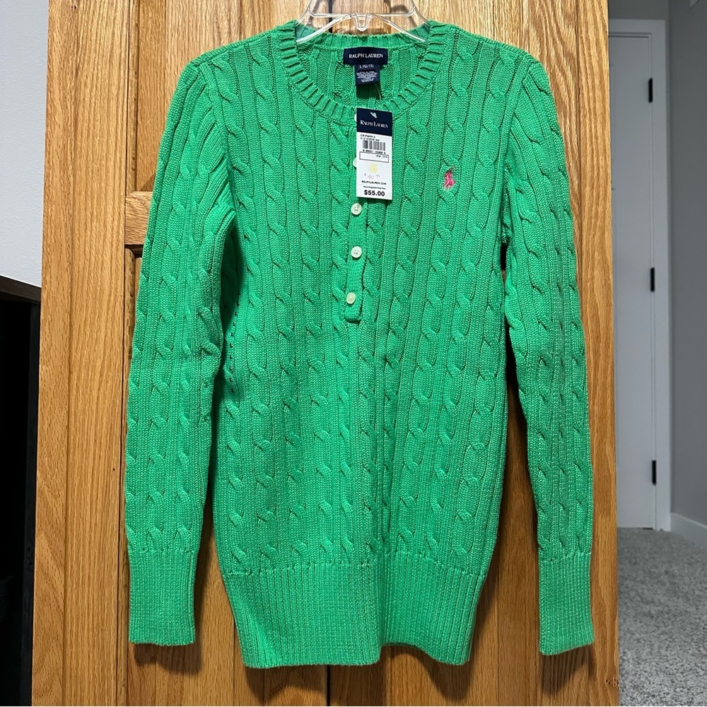 Ralph Lauren Bright Green Cable Knit Crewneck Sweater for a girl L 12/14 - Picture 1 of 2